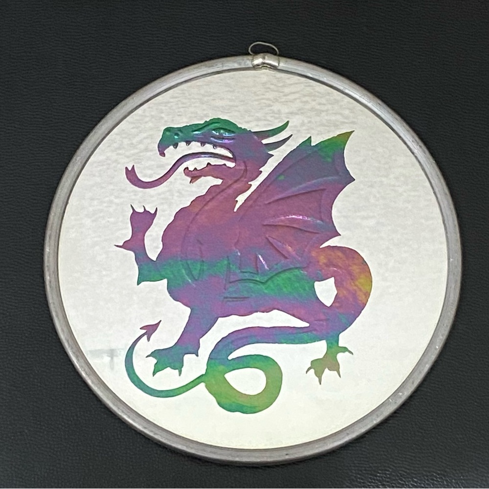Vintage Handmade Dragon Foiled Mirrored Art Glass 6” Suncatcher Hanging Decor